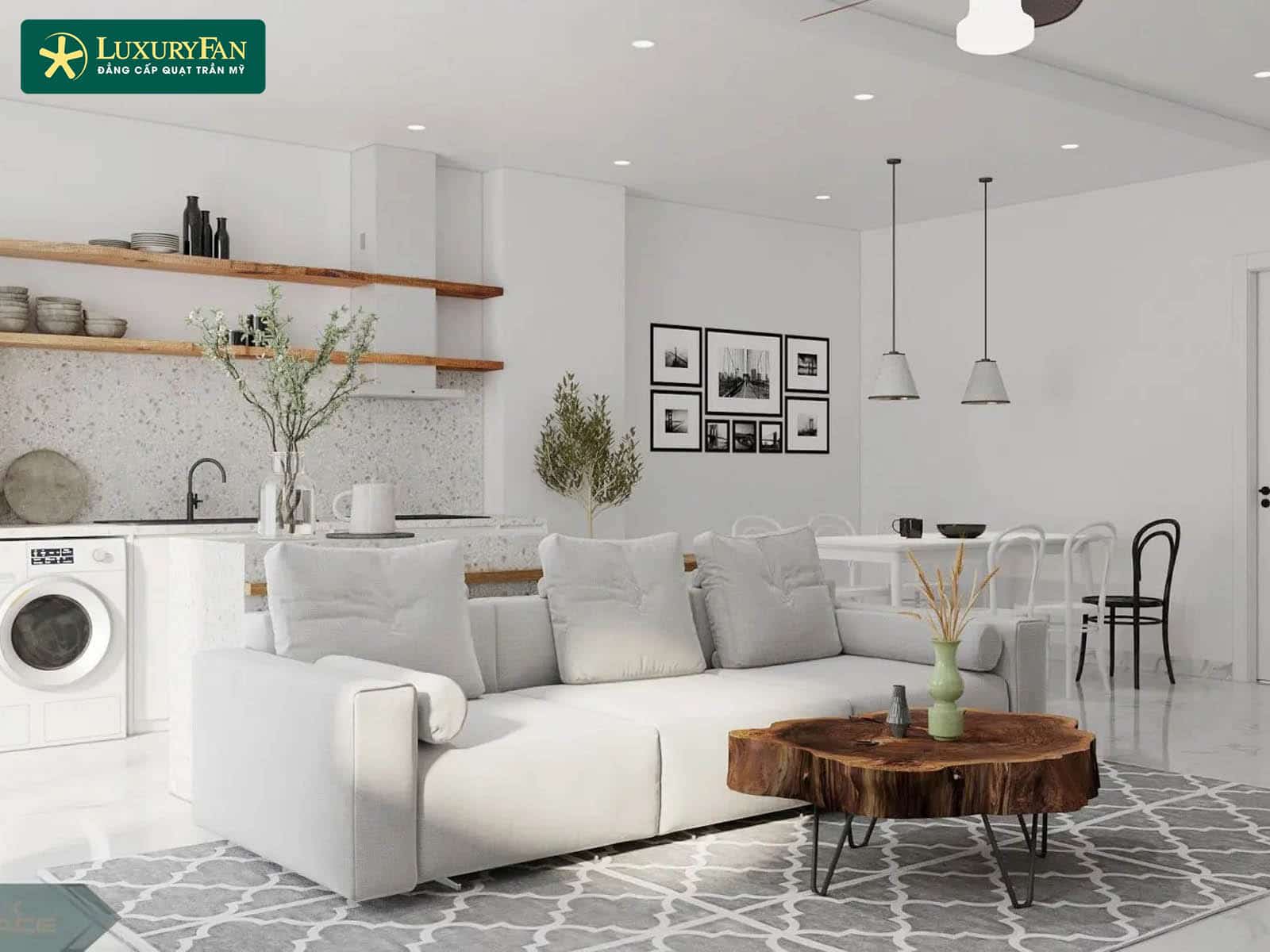 Thanh lịch và tinh tế với gam màu trắng cùng điểm nhấn cây xanh và gỗ tự nhiên