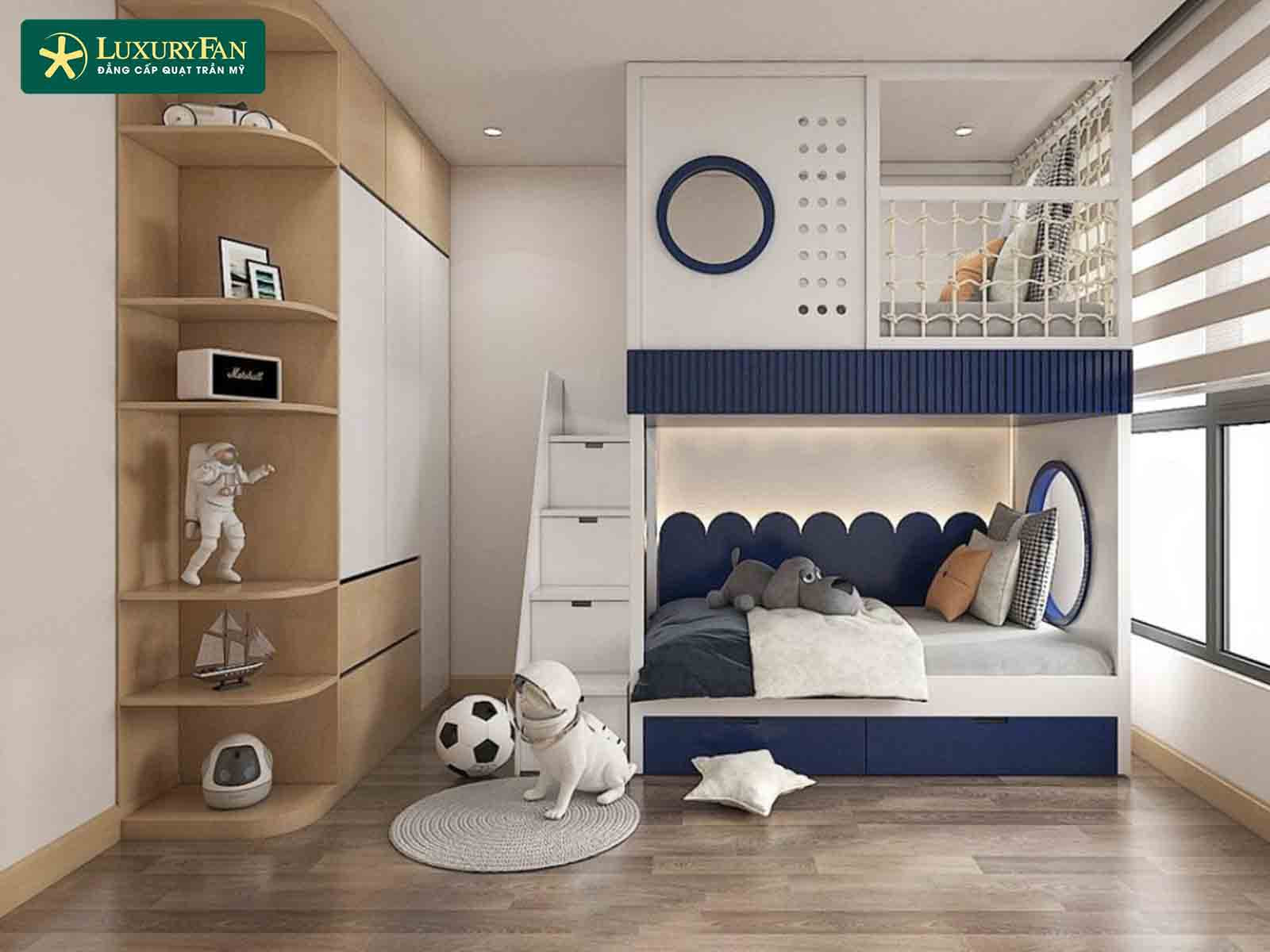 Tông màu trắng với điểm nhấn xanh và be