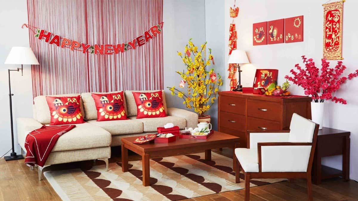 Trang trí phòng khách tone đỏ rực rỡ