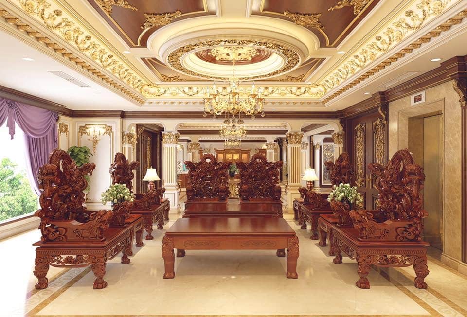 Mẫu vòm phòng khách kết hợp đèn và nội thất gỗ quý sang trọng