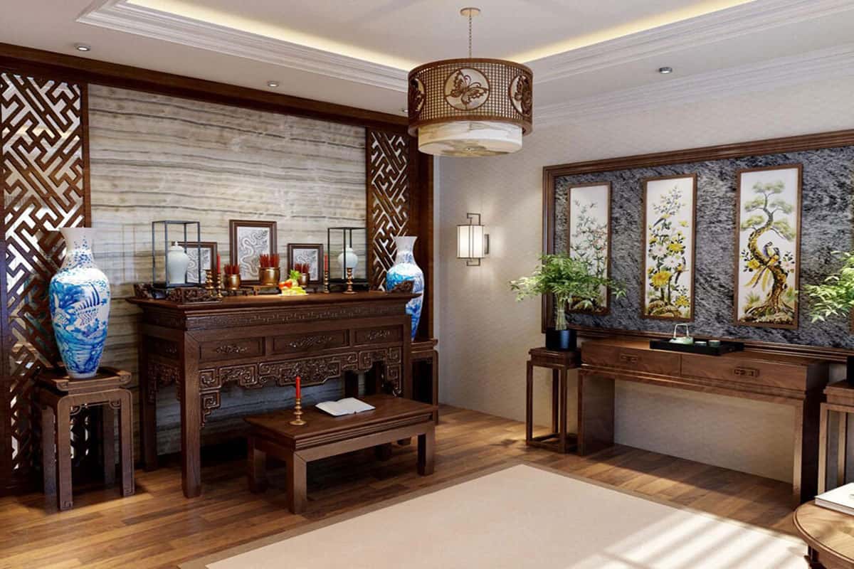 Bàn thờ họa tiết vân gỗ độc đáo, kết hợp tấm vách chất liệu tự nhiên, tranh nghệ thuật