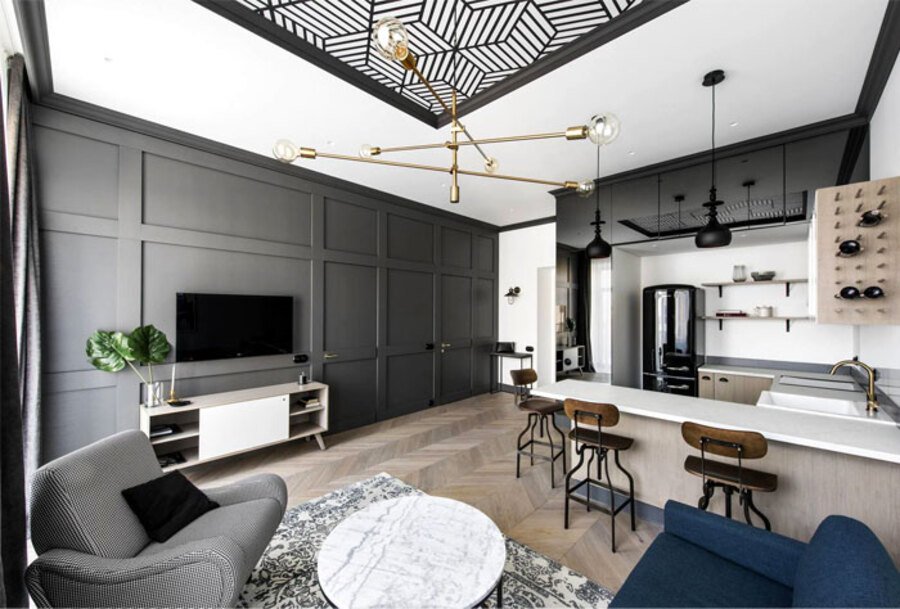 Mẫu phòng khách liền bếp đẹp cho nhà 20-30m2