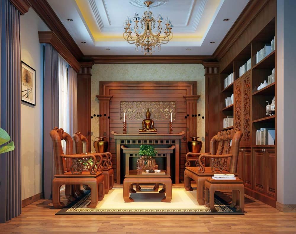 Phòng khách nhà phố rộng với bàn thờ đứng lớn hài hòa nội thất