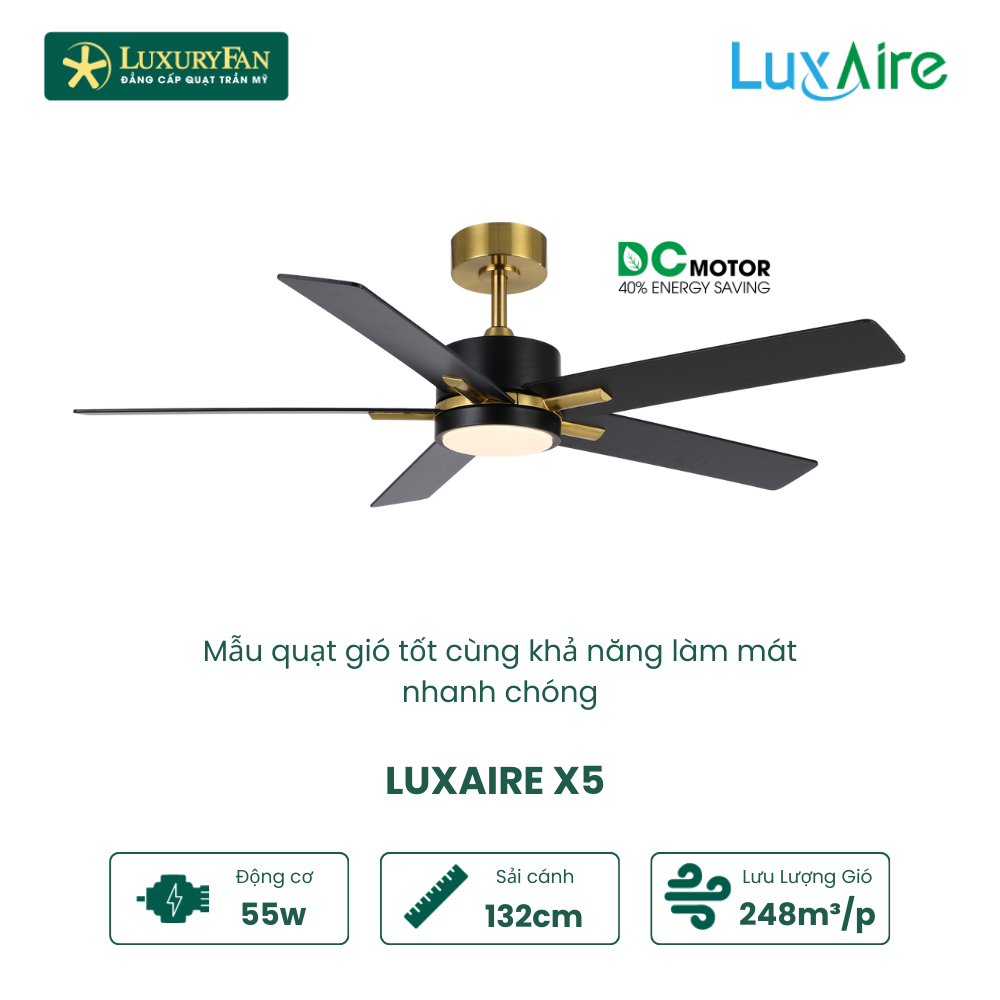 Mẫu quạt trần 5 cánh có đèn hiện đại