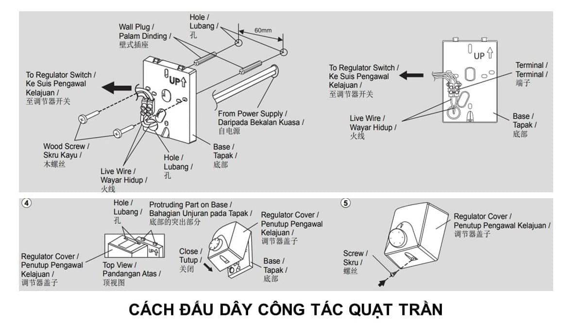 Cách đấu quạt trần dùng công tắc